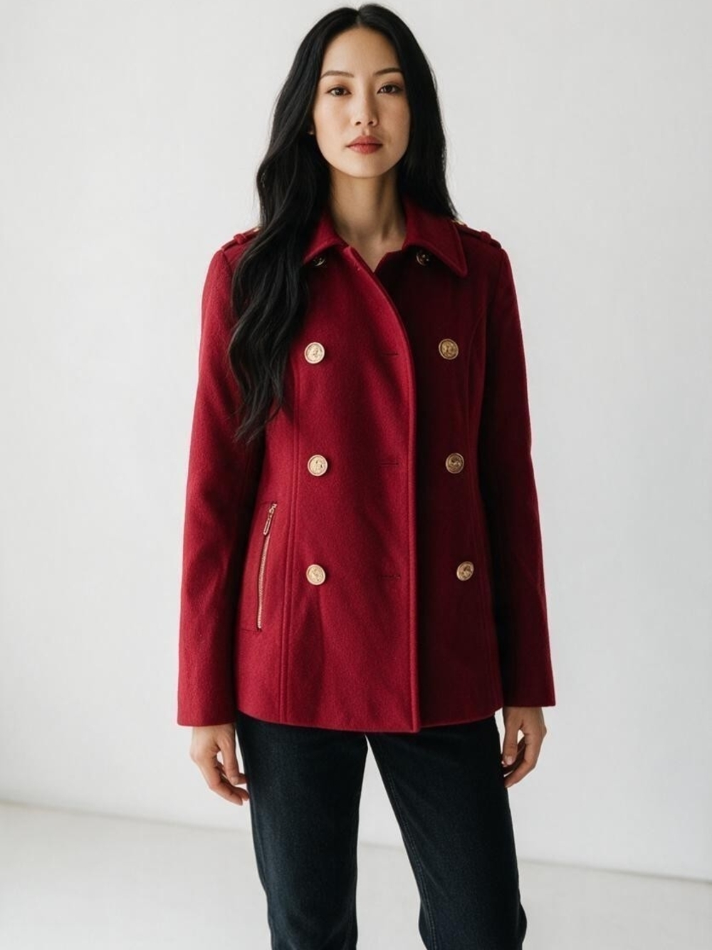 Michael Kors Wine Red Double-Breasted Peacoat with Gold Buttons